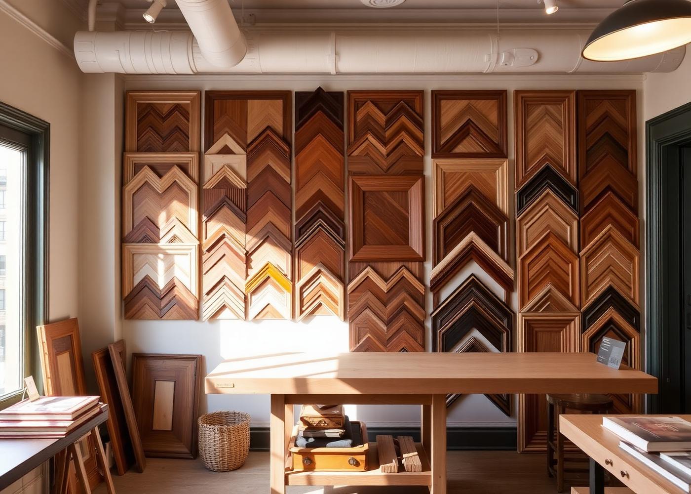 Frame moulding samples on the wall of the Carnegie Hill Framing shop