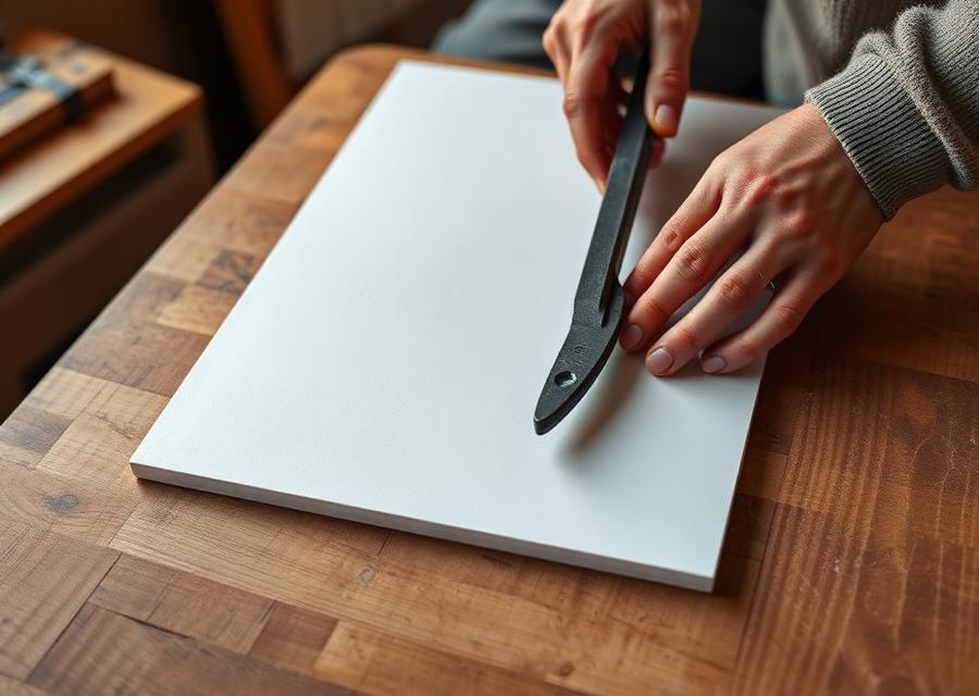 Hands precision-cutting an archival mat in the workshop